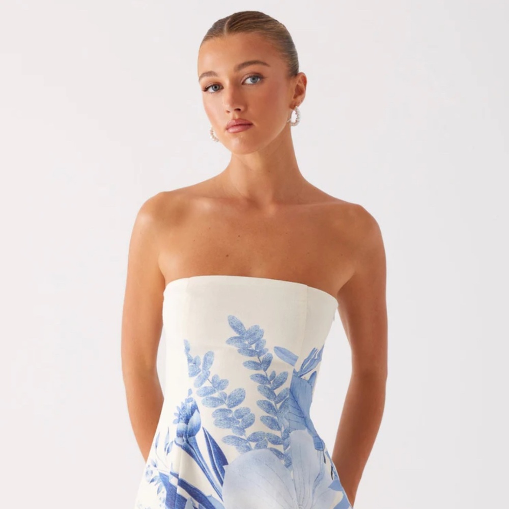 Peppermayo Denby Strapless mini blue floral print